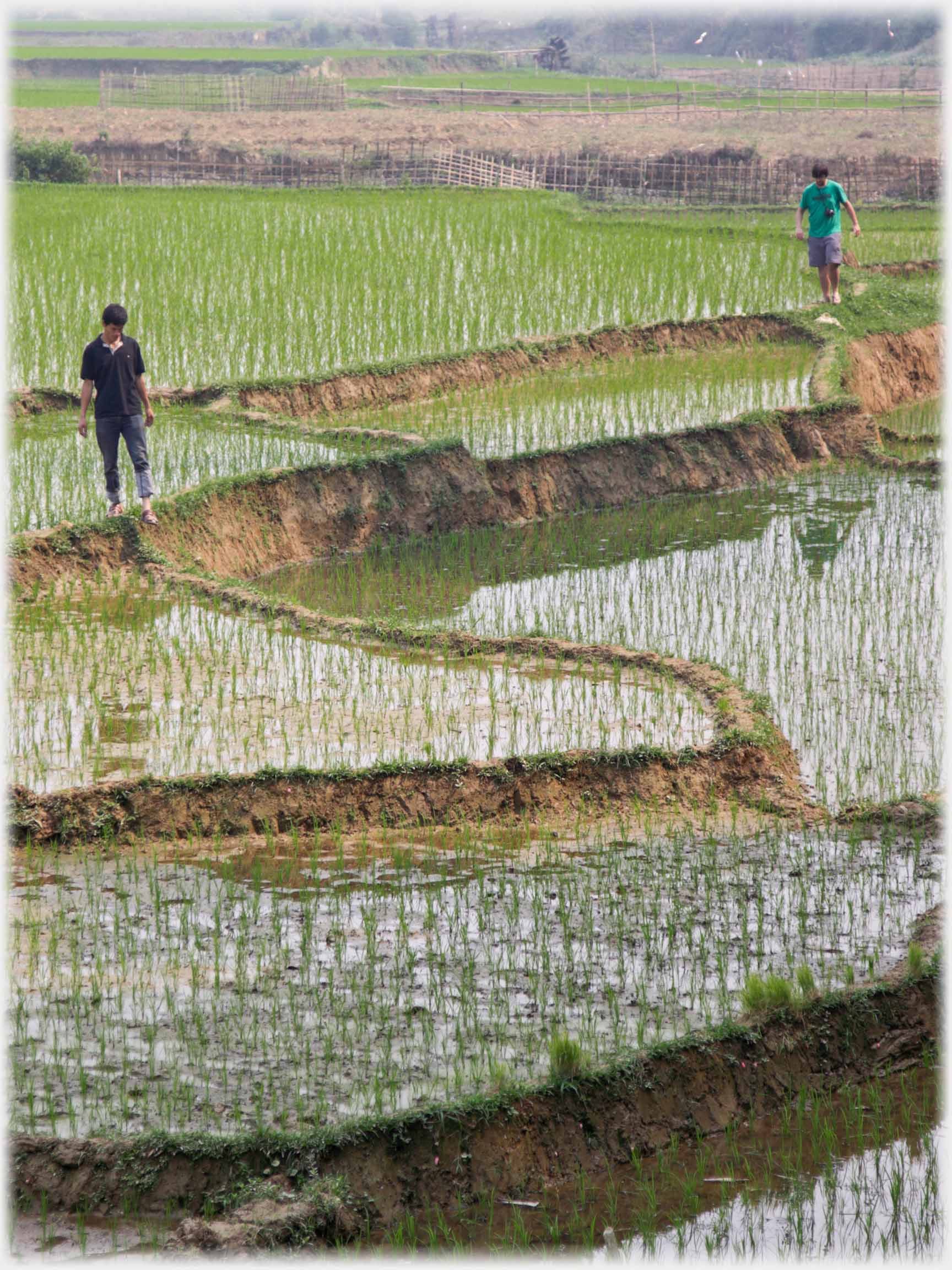 Two non-farming figures walking on dyke.