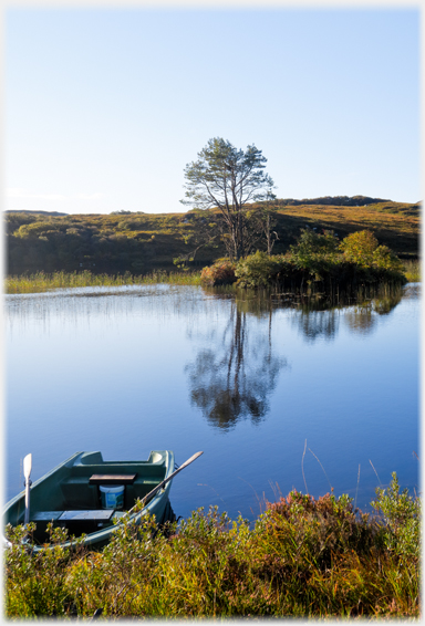 Empty rowing boat at bank with reflection of tree across loch
