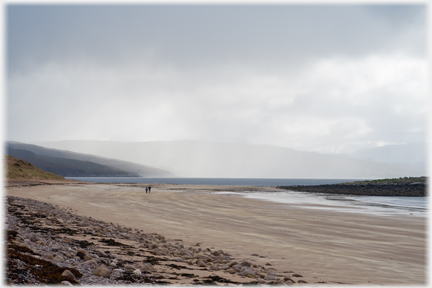 Beach with light rain beyond, couple walking.