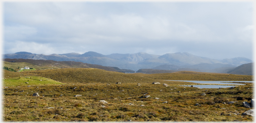 Moorland, lochan, house and distant hills.