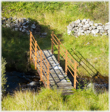 Small footbridge with metal rails over stream.