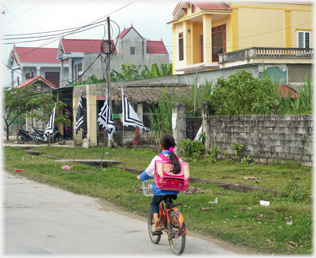 House with funeral flags.