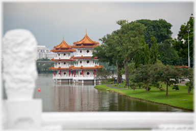 Two lakeside pagodas.