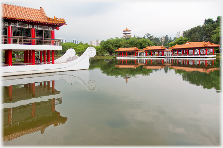 Lake with pavillions around it.