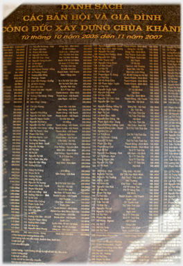 Large black marble wall plaque with many scores of donor's names and the amount given.