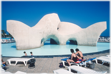 Artificial rocks in a pool.