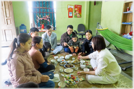 One generation around mat with meal underway.