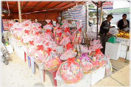 Packed stall of sweets in elaborate packaging.