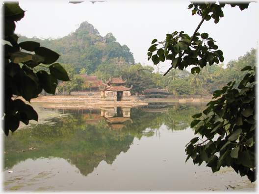 The pool and pagoda buildings at the bottom of the hill.