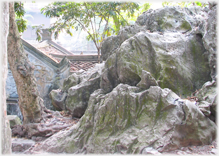 Rocks, trees and roofs all intertwined.