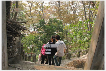 Visitors carefully descending the steep steps.