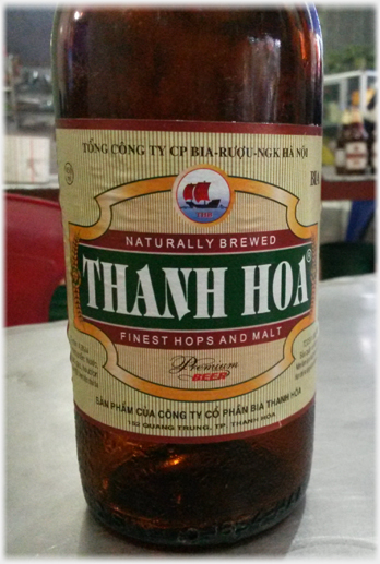 Close-up of bottle of Thanh Hoa Beer.