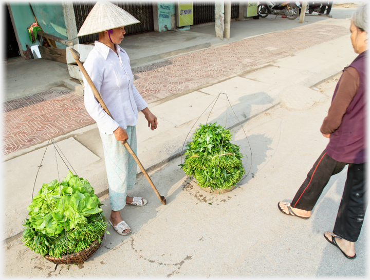 Woman holding pannier stick with the two baskets of greens on the ground, a customer looks at these.