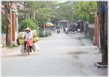 Road near market, woman cyclist with six large sacks.