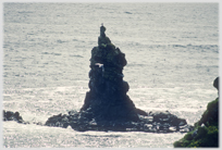 Black volcanic rock stack in the sea.