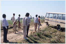 Group watching bus.