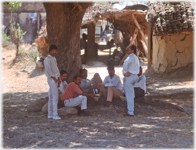 Team gathered under village centre tree.