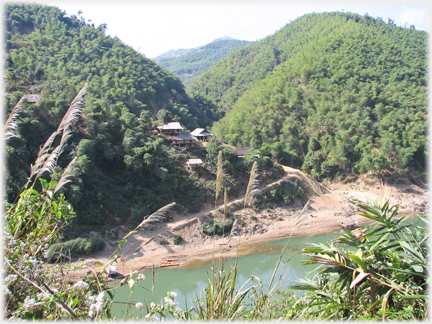 Looking down at the river with a track leading off between woods to a group of houses.