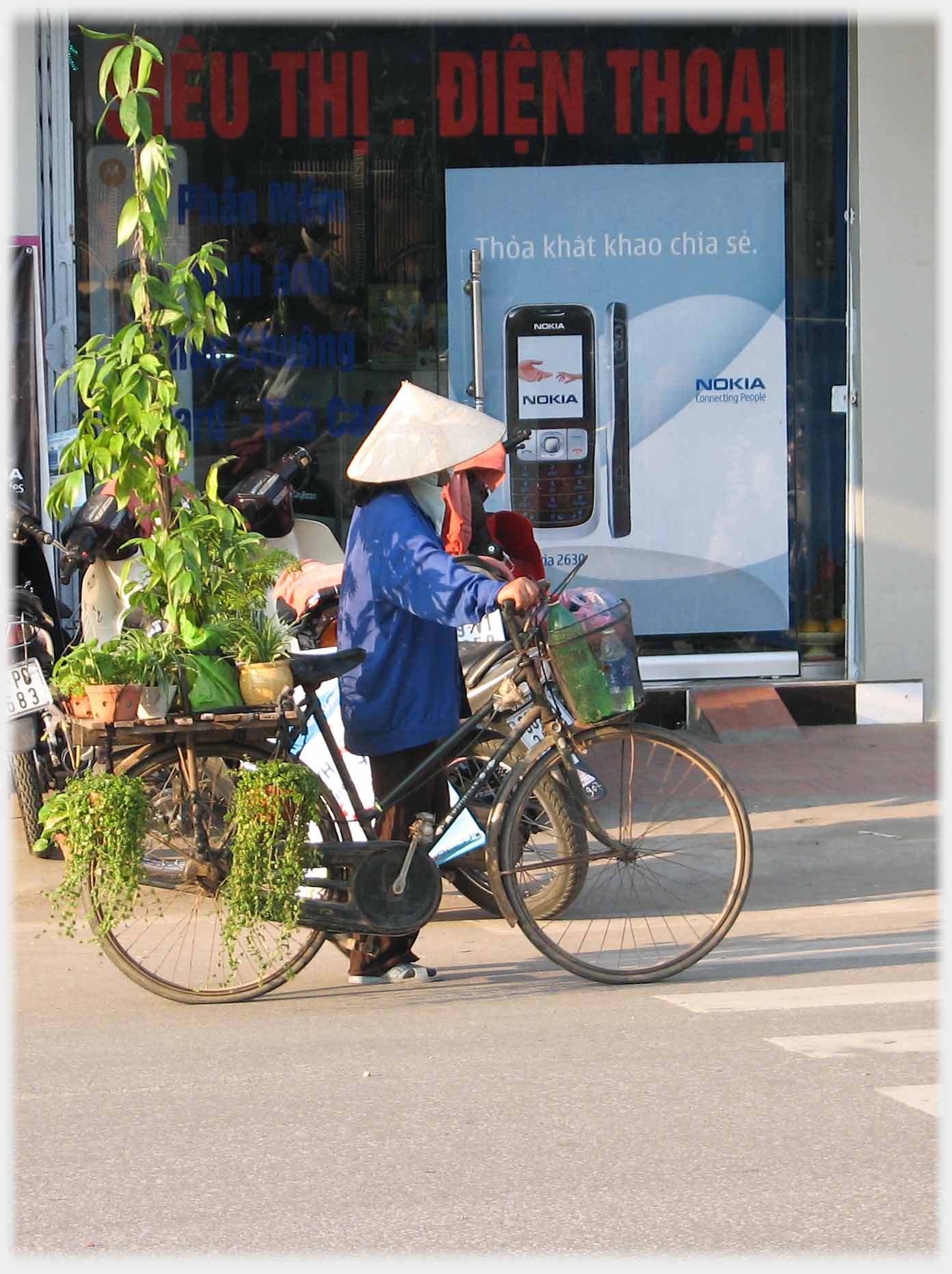 Woman wheeling a bike with high and hanging plants passing a large shop window advert.