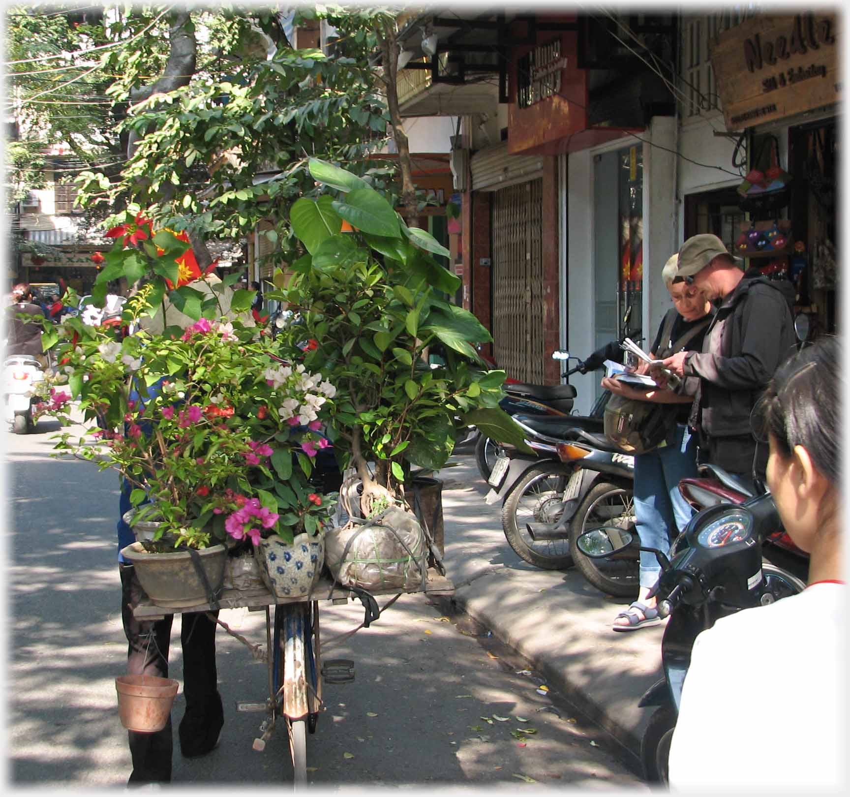 A range of potted plants being wheeled past two tourists engrossed in their maps.
