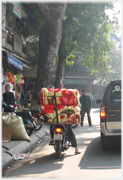 Two very large bed rolls riding pillion.