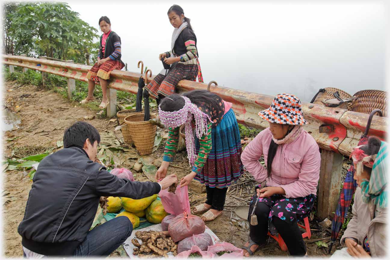 Customer placing fruit in a bag held by vendor.