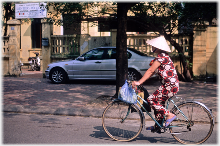 Woman on bike with bags hanging from handlebars.