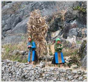 Two women on track, one with large bundle of corn.