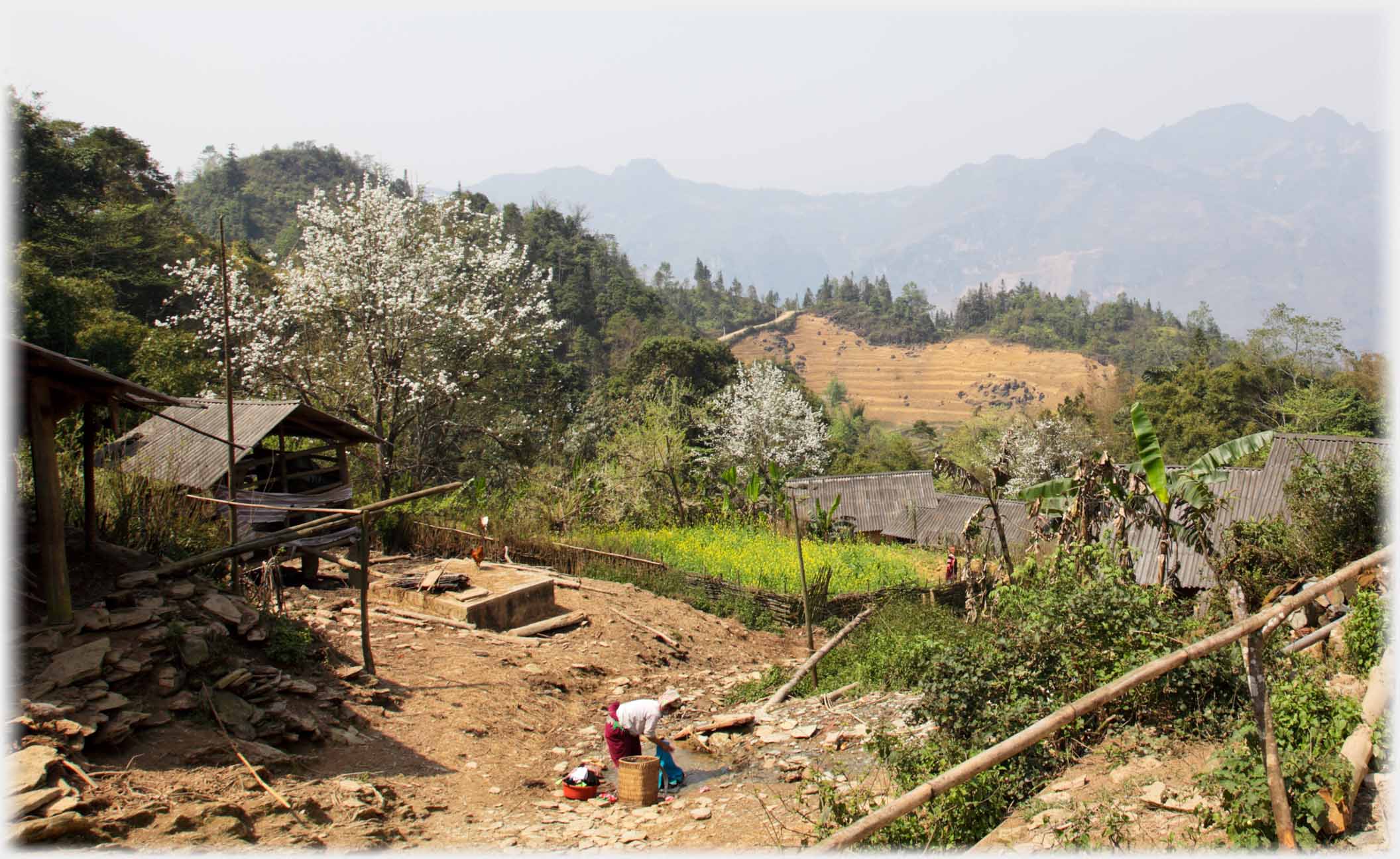 Area behind house with woman holding washing.